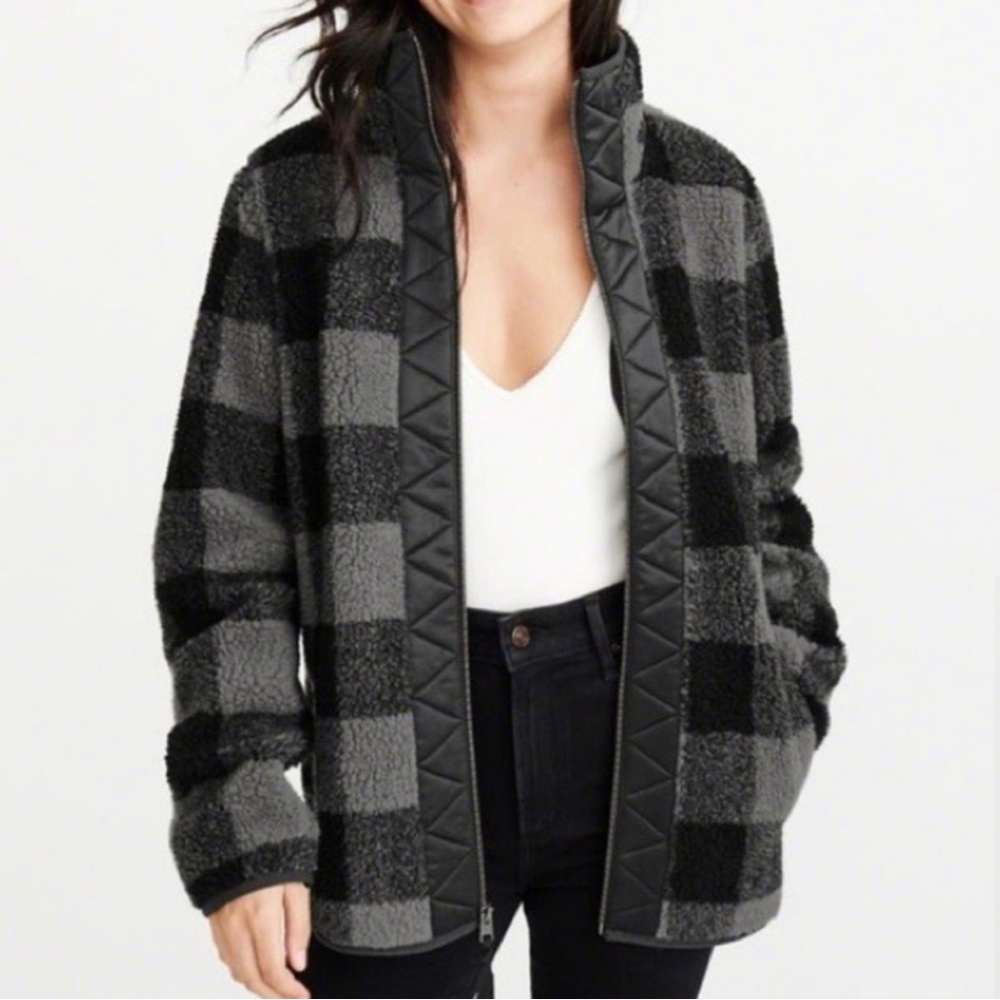 New Abercrombie & Fitch Black Grey Buffalo Sherpa Jacket Size XL